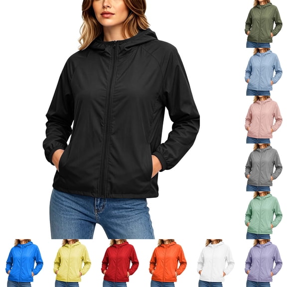 DYTTDG Women's Lightweight Hooded Windbreaker Jacket, Full Zip Long Sleeve Solid Casual Outdoor Jacket with Side Pockets