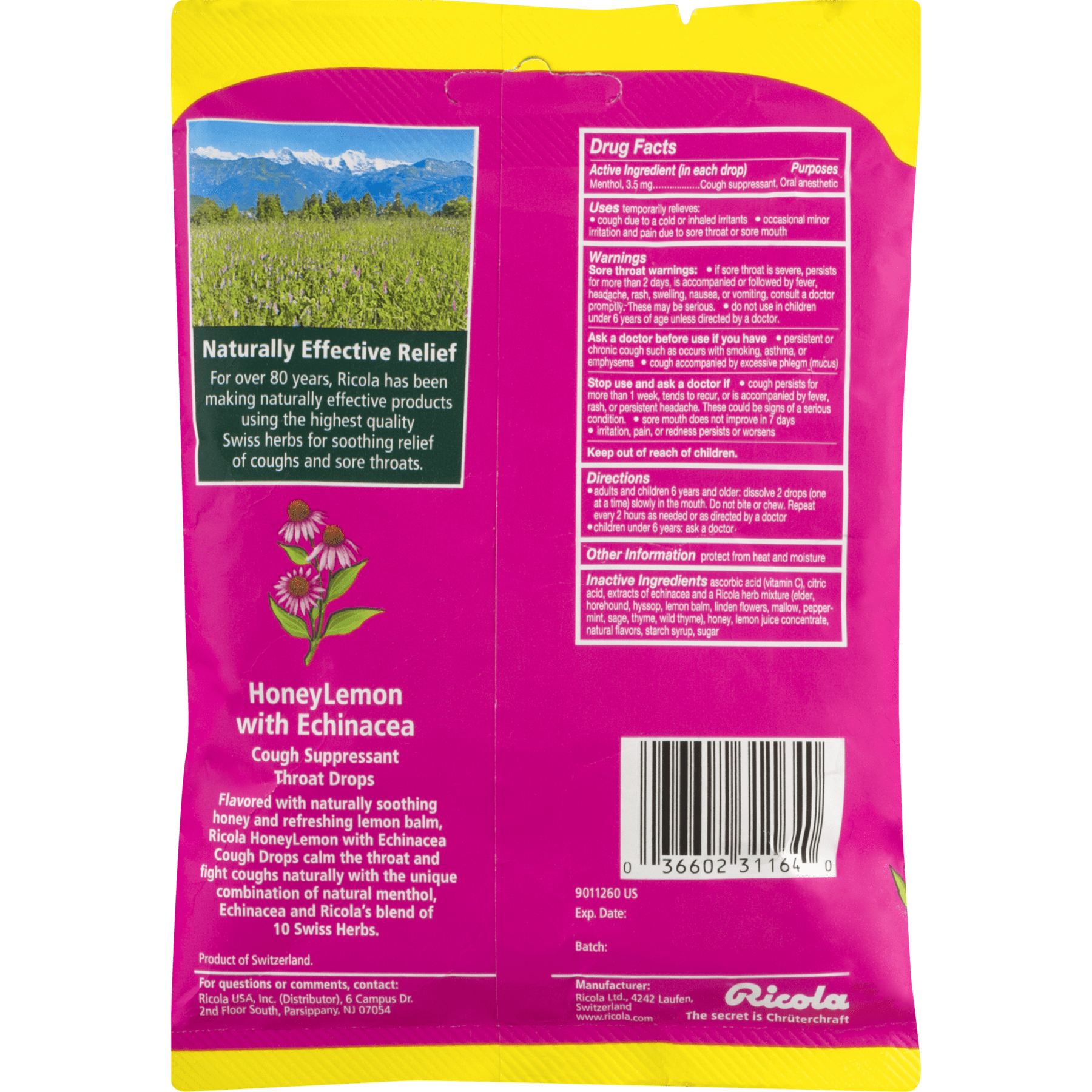 Ricola Honey Lemon With Echinacea Cough Suppressant - Throat Drops - 24 CT
