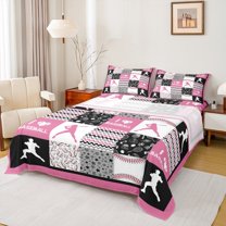 Manfei Teens Baseball Sports Twin Sheet Sets, Cartoon Stars Print Twin Fitted Sheet, Black Pink Patchwork Flat Sheet, Breathable Home Decor, 3 Pieces
