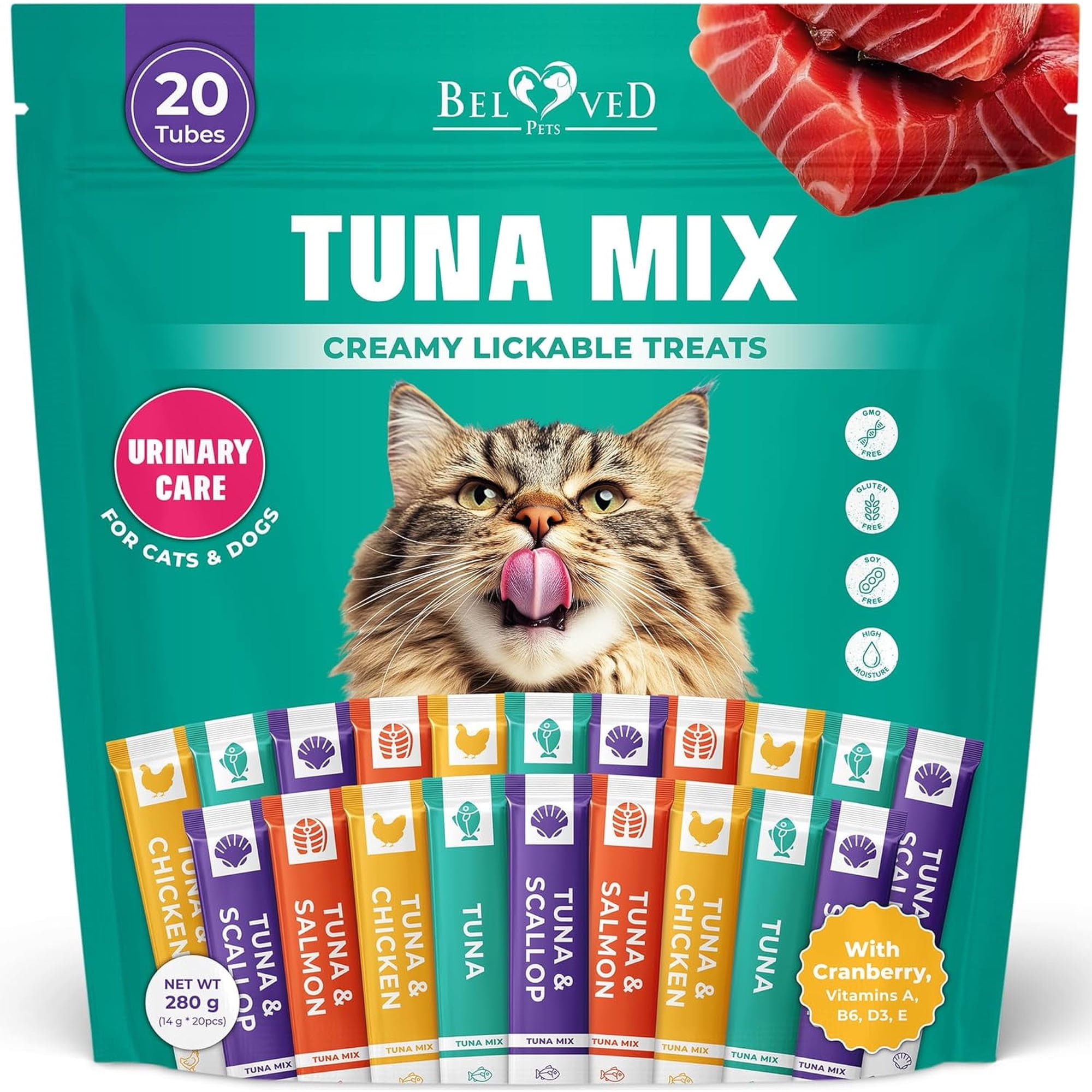 Beloved Pets Creamy Lickable Cat Treats & Wet Food Squeeze Tubes – Liquid Kitten Snacks, Multivitamin Treats for Cats & Small Dogs, Lick Up 20 Sticks Tuna Mix