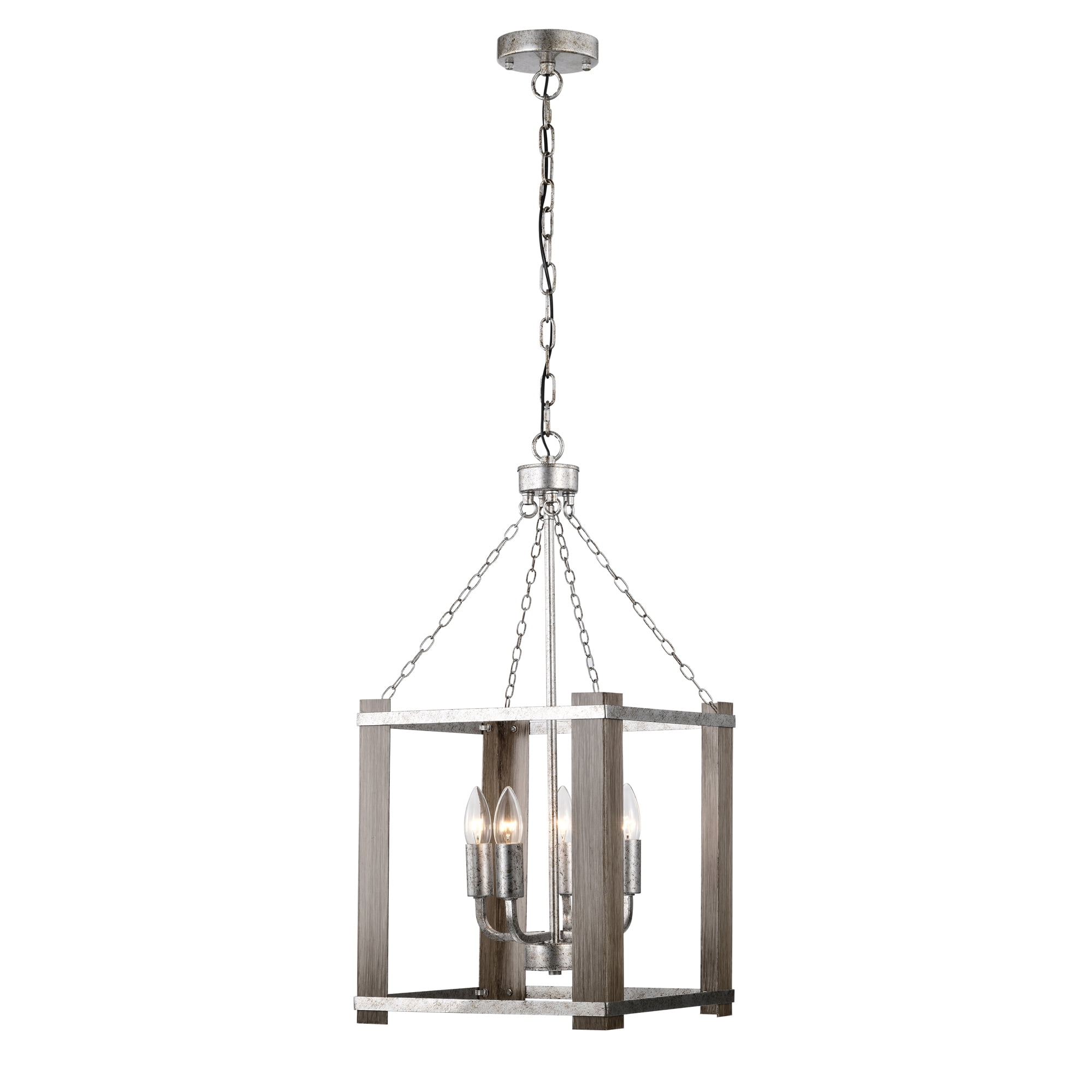 Jenus 13 in. 4-Light Indoor Rustic Silver and Faux Wood Grain Finish Chandelier with Light Kit
