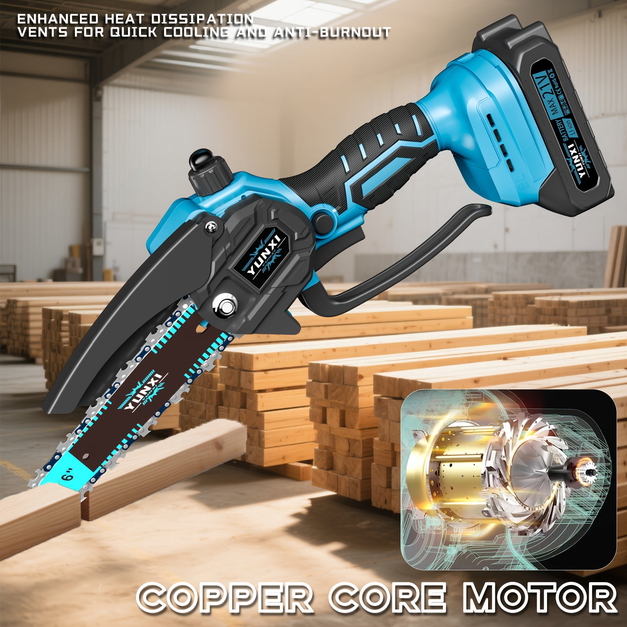 Cordless Mini Chainsaw with Automatic Oiler, 6 Inch Lithium Electric Handheld Saw with Safety Lock, Portable Chainsaw for Garden Pruning & Woodworking