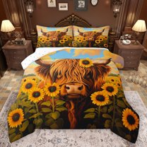 jejeloiu Kawaii Cow Cattle Full Size Comforter Sets,Rustic Sunflower Bedding Comforter Set,Brown Orange Bedding Sets For Boys Kids,Luxury Bedroom Decor Reversible,3 Pieces