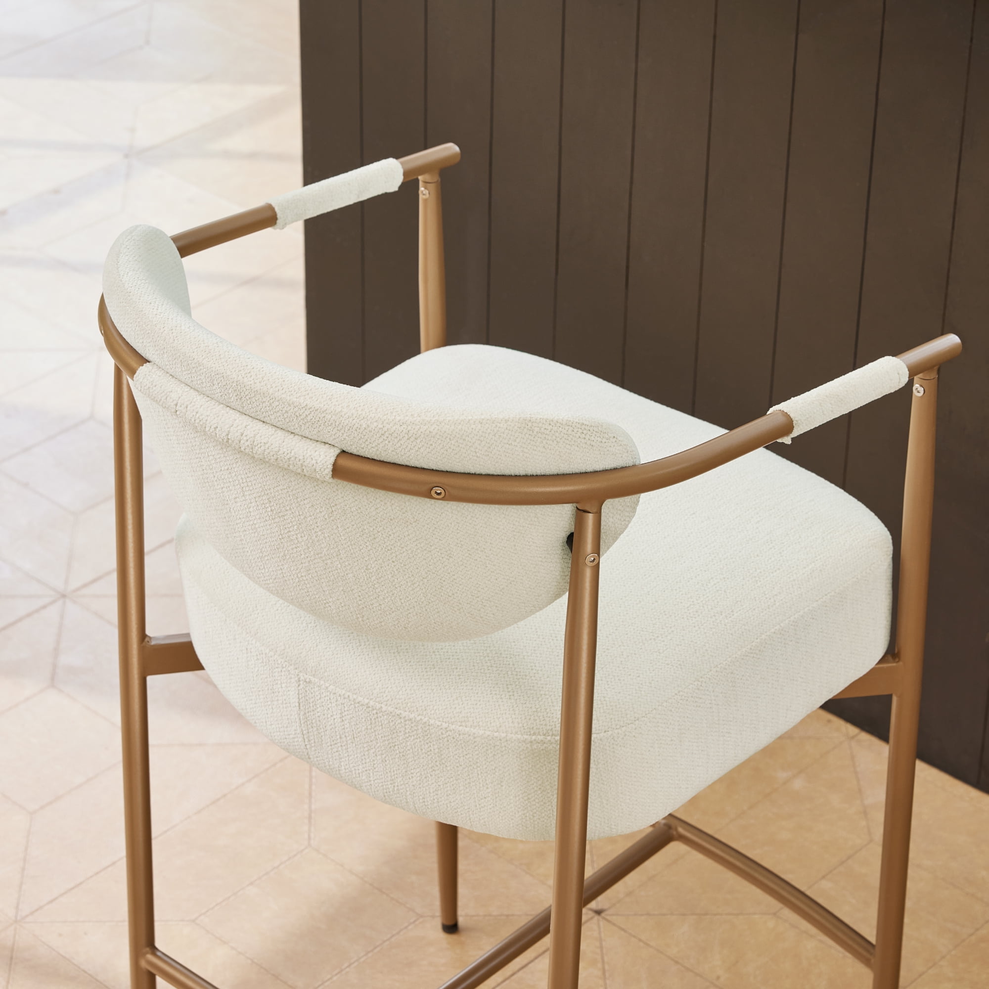 Spruce & Spring Modern Counter Bar Stool with Woven Strap Arms & Gold Metal Frame Set of 2, Ivory with Gold Frame