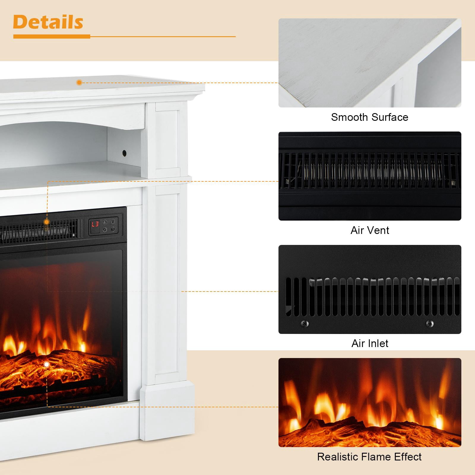 32" Electric Fireplace w/Mantel and Remote Control, Freestanding Heater w/3-Level Adjustable Flame Brightness & Overheat Protection, White