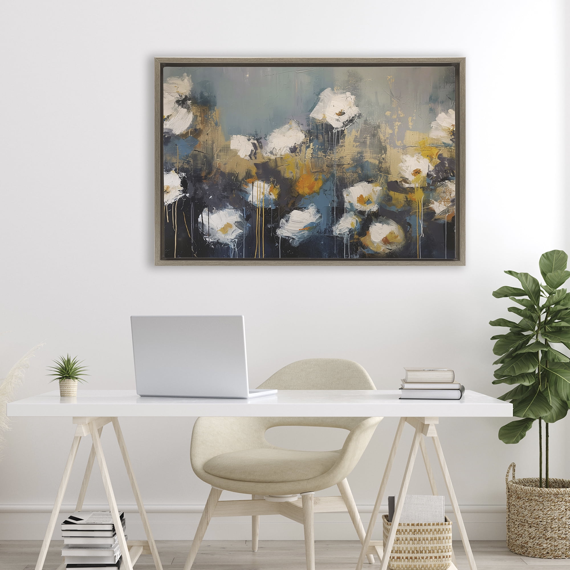 Stupell Industries Contemporary Paint Drip Blossoms Brown Framed Floater Canvas Wall Art, design by Jacky Ngan