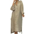 thumbnail image 2 of Roncen Women's Pure Color Cotton Linen Dress - Simple and Chic, Long Sleeve V-neck Ankle-length Dress for Everyday Polished​​, 2 of 6