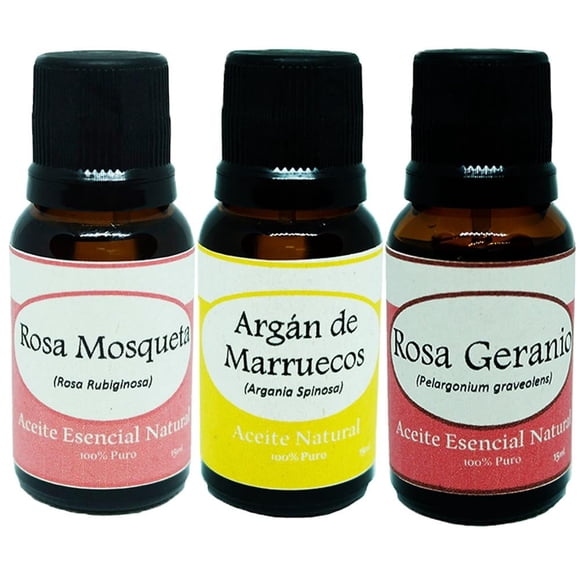 Pack de 3 aceites esenciales naturales Krisamex rosa mosqueta argán de marruecos y rosa geranio 15 ml c/u