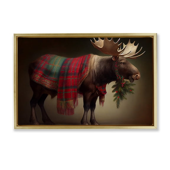 Stupell Industries Festive Moose with Plaid Gold Framed Floater Canvas Wall Art, design by Sasha