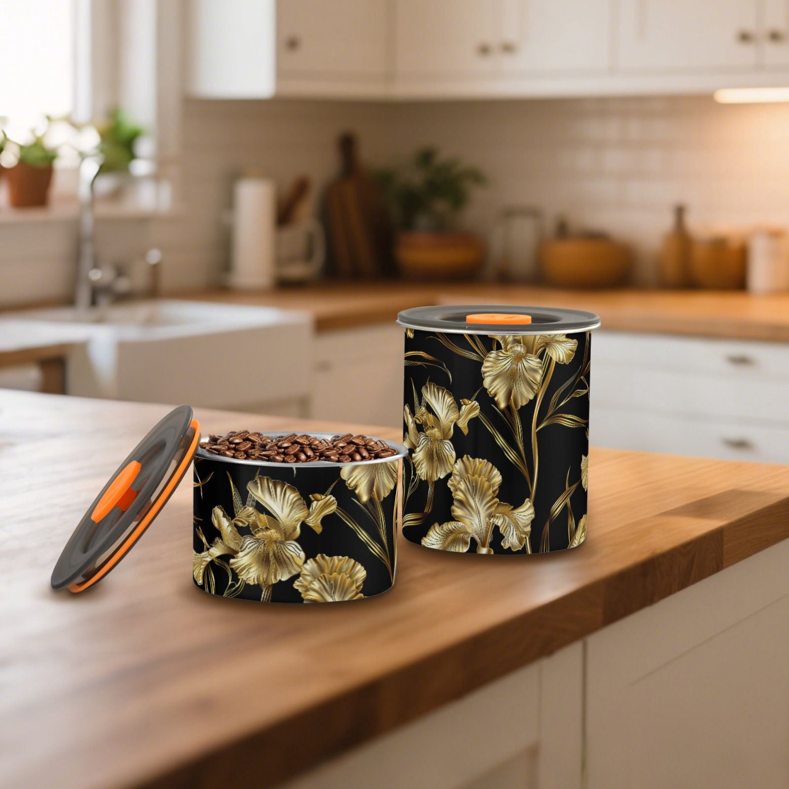 Gold Iris Flower Airtight Coffee Bean Canister 30oz Food Storage Containers with Lids For Gournd, Tea, Sugar, Flour, Rice, Cereal, Candy Cookie Jar