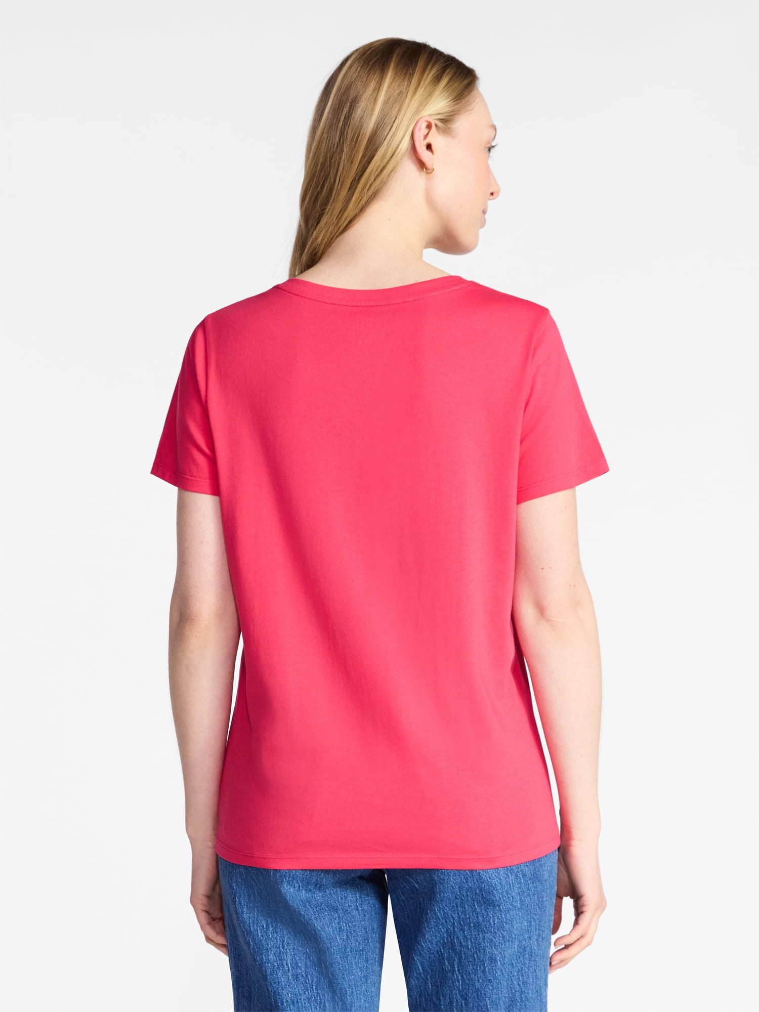 Time and Tru Women's Cotton V-Neck Tee with Short Sleeves, Sizes XS-4X