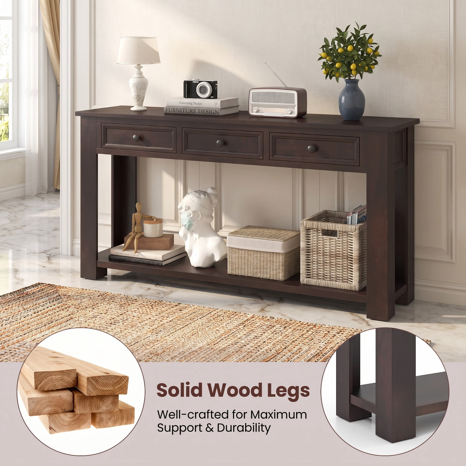 Furnibear 63 Inch Farmhouse Entryway Table Long Console Table with 4 Storage Drawers and Open Shelf for Living Room Hallway Sofa, Espresso