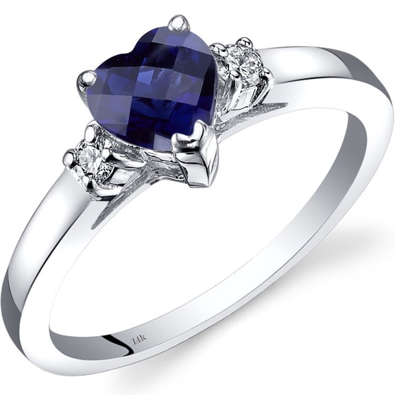 PEORA Created Blue Sapphire and Genuine Diamond Heart Ring for Women 14K White Gold, Dainty Solitaire Design, 1 Carat, Size 7