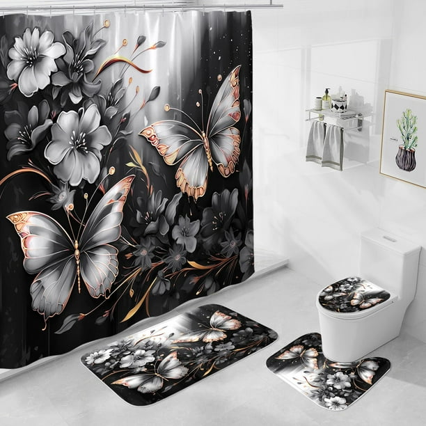 Set de decoración de baño Litabel, diseño de mariposas negras con estampado floral, 4 unidades