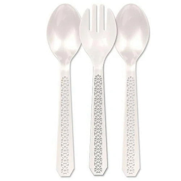 Lacetagon Pearl Serving Set – Elegant, Durable, and Reusable Tableware for All Occasions, Disposable Plastic Serving Spoons and Forks, Elegant Flatware Set for Parties, Events, Weddings (3)