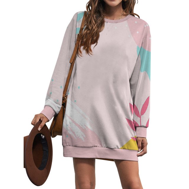 MAWCLOS Women Lightweight Long Sleeve Sweatshirt Dress Winter Floral Print Short Dresses Style-H XL