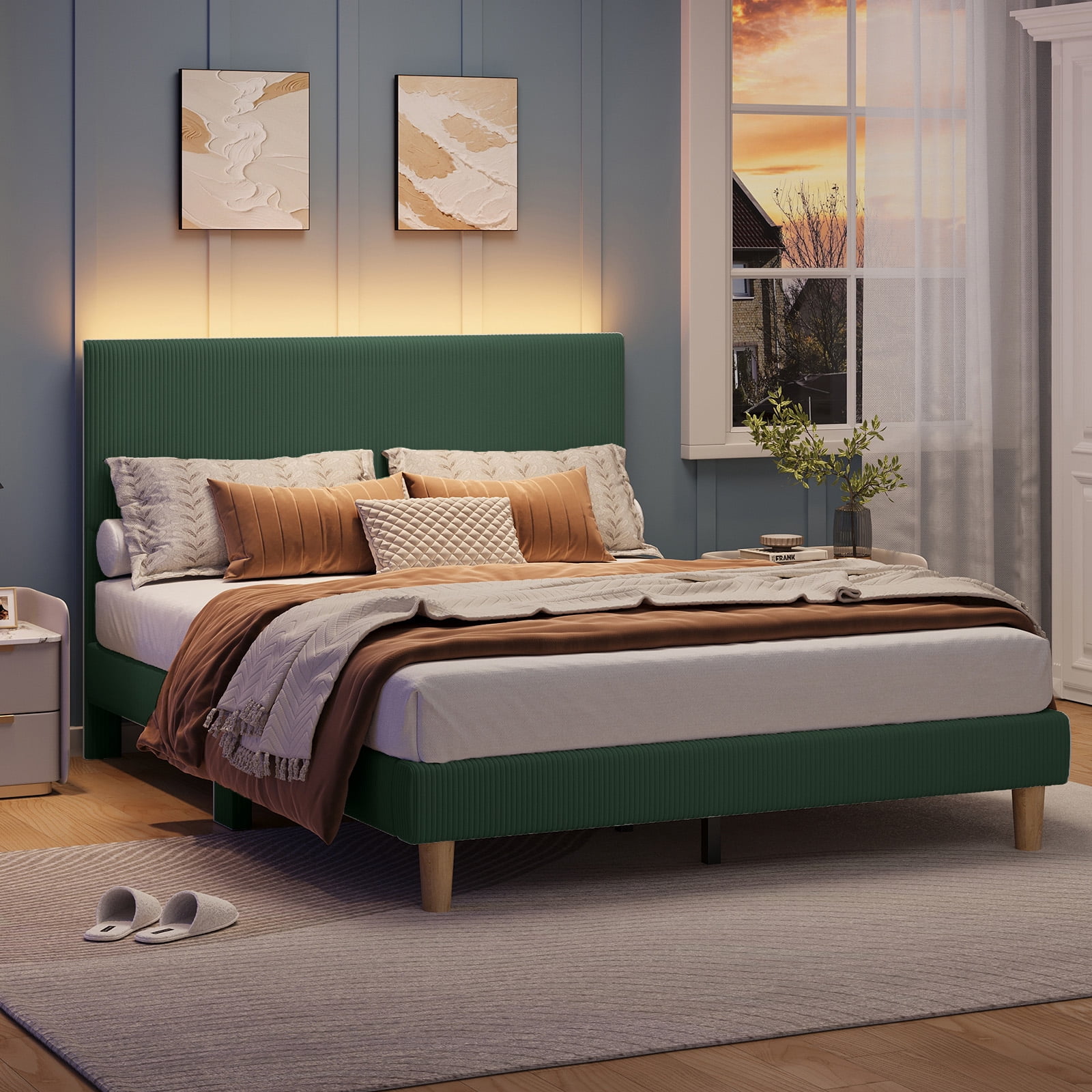 Bestier Corduroy Upholstered queen Bed Frame with Adjustable Headboard, Platform Bed Frame with LED Light, Solid Wood Slats, No Box Spring Needed, Green