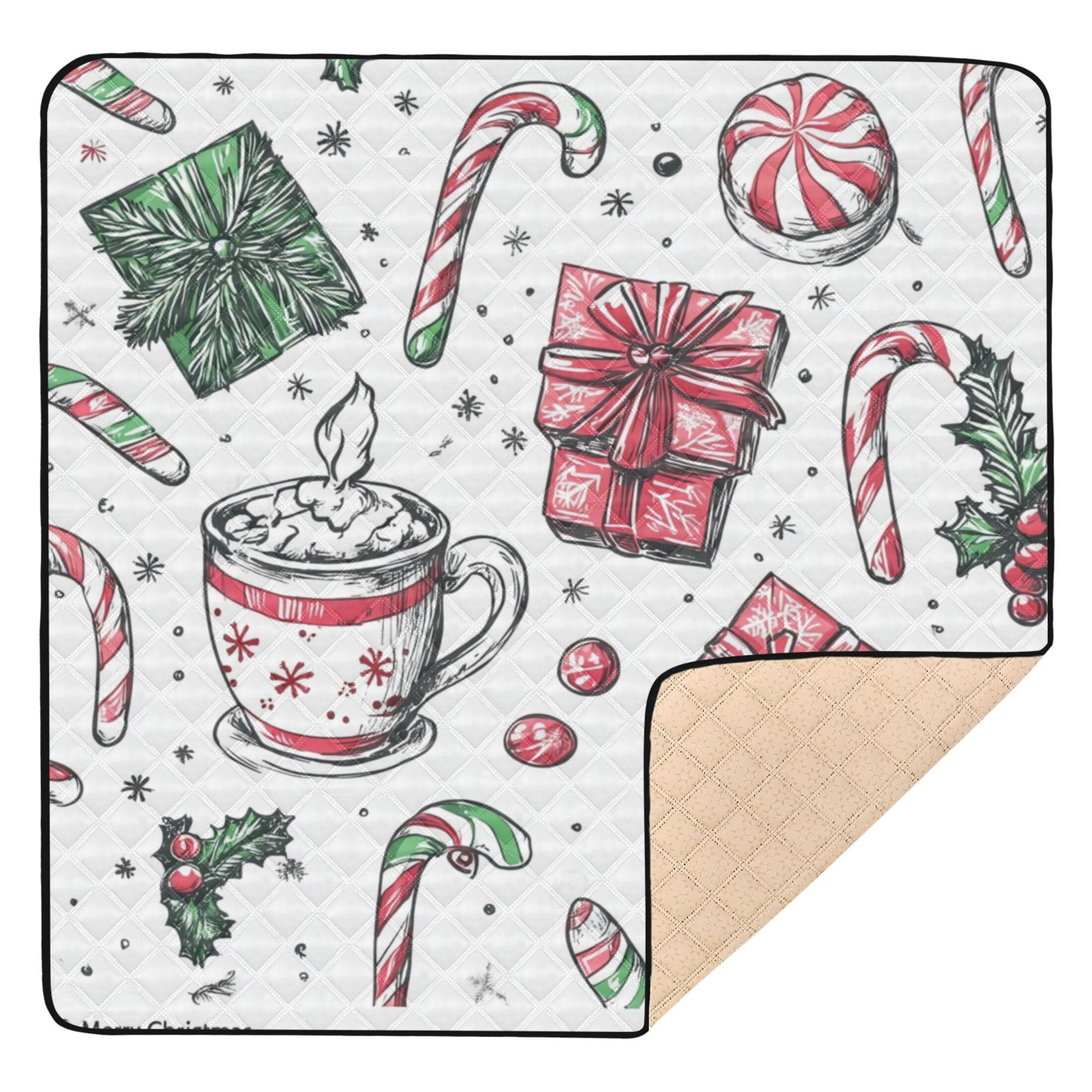 WOBOGO Christmas Pattern with Candy Canes Baby Playmats Extra Large Waterproof Rollable Activity Pads for Toddlers 50×50inch