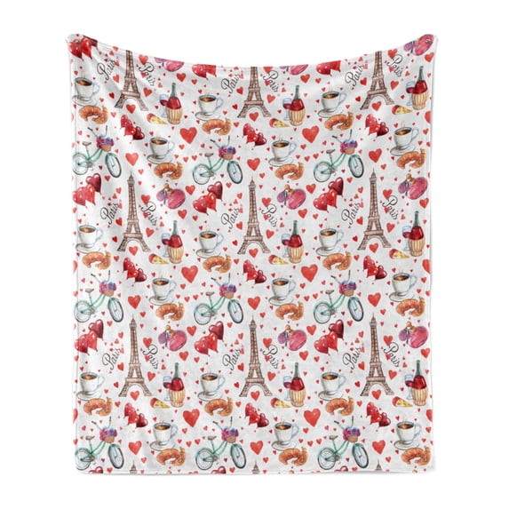 Romantic Soft Flannel Fleece Throw Blanket, Valentines Day Love Themed Paris Coffee Wine Parfumes Bikes with Heart Backdrop, Cozy Plush for Indoor and Outdoor Use, 70" x 90", Multicolor, by Ambesonne