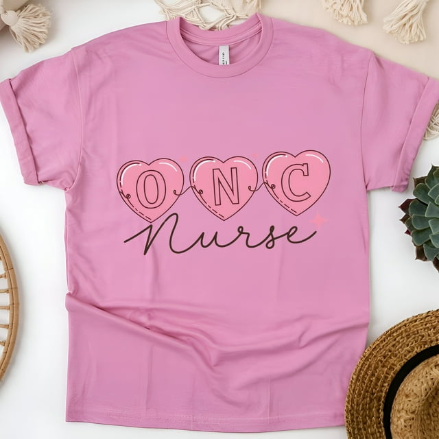 Oncology Nurse Graphic T-Shirt with Pink Heart Design, Azalea, Size S