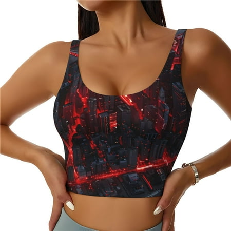 Qokaie Cyberpunk Cityscape Lights Pattern Womens Scoop Neck Sports Bra Breathable Workout Vest Padded U Back Medium Impact Fitness Gym Yoga Bra Workout Crop Top-Medium