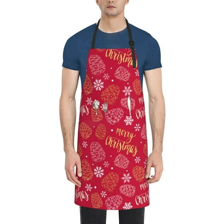 

Pofeuu Gold Pinecone Merry Christmas A Print Waterproof Apron with Pockets Adjustable Cooking Aprons Kitchen Bib for Baking Household Cleaning