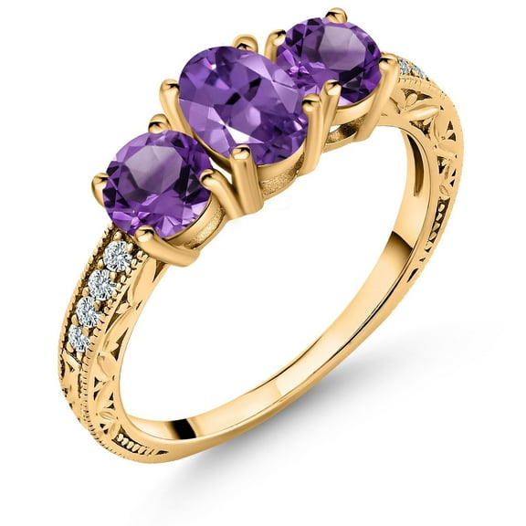 Gem Stone King 18K Yellow Gold Plated Silver Purple Amethyst Ring for Women | 1.78 Cttw | Oval 7X5MM | Gemstone Birthstone | Wedding Engagement Anniversary Promise Ring for Women | Size 7