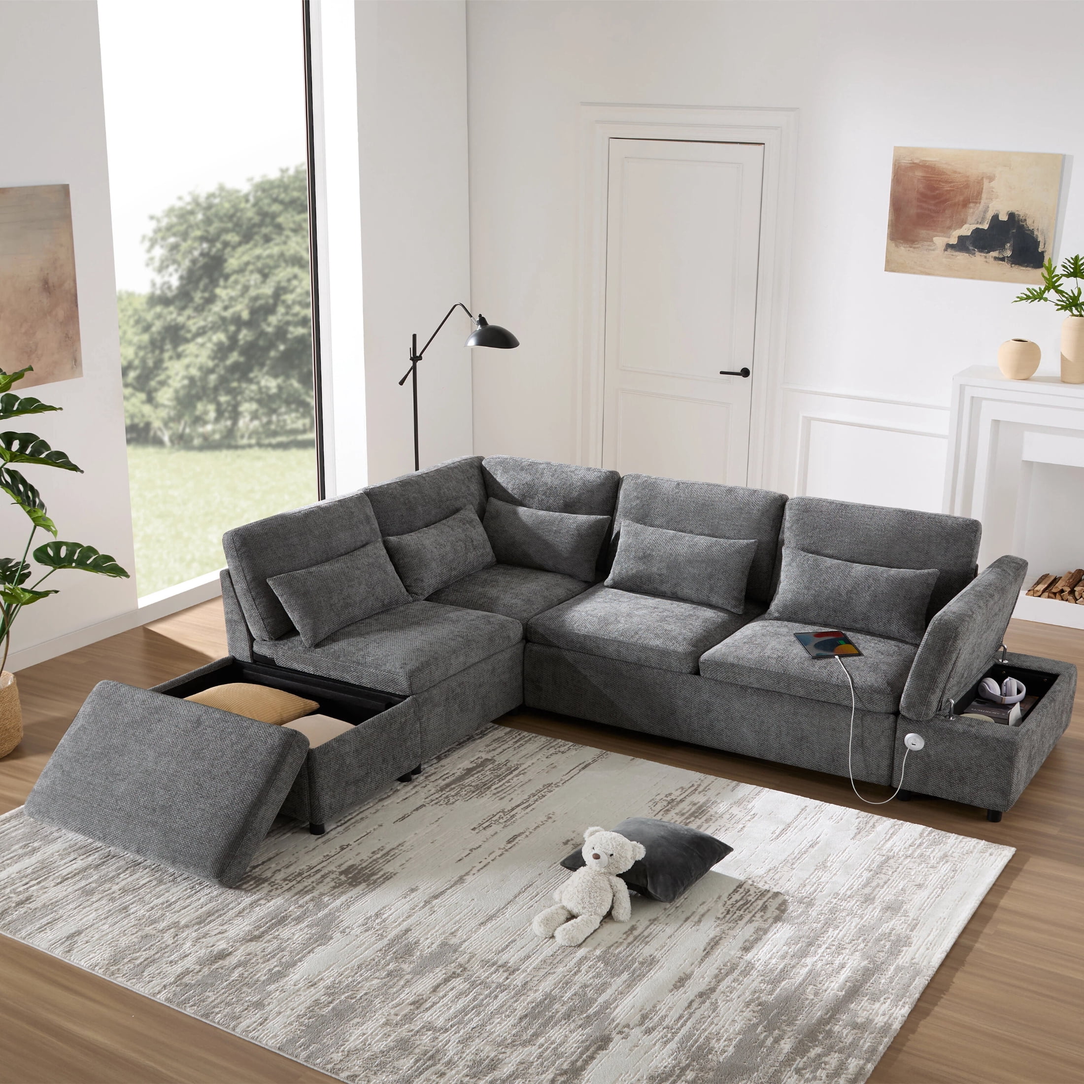 AISWORD 5 Seat L-Shaped Modular Sectional Sleeper Sofa, Pull Out Bed, Multi Storage Chaise, USB Port, Chenille Gray