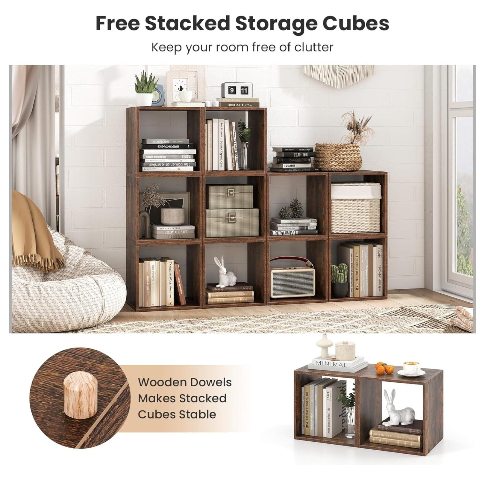 2 Stackable Cubes Bookcase, Wooden Cubby Storage Organizer with Anti-Tipping Device, Small Book Shelf for Small Space, Combination Square Bookshelf Cubes (1, Rustic Brown)