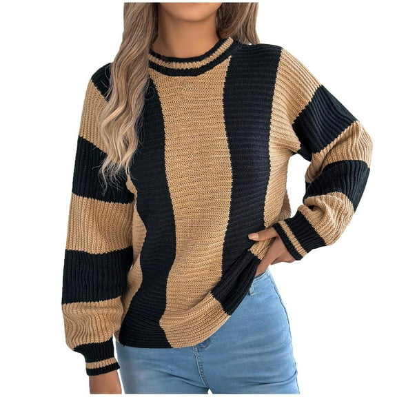 Fengactive Women's 2025 Fall Lightweight Oversized Sweater Crew Neck Long Sleeve Color Block Pullover Rib Knit Blouse Tops