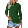 thumbnail image 2 of Women's Polo Shirts Cotton 3/4 Sleeve Tops Summer Collared V-Neck Button Down Golf Shirt Work Casual Blouse,Army Green M, 2 of 5