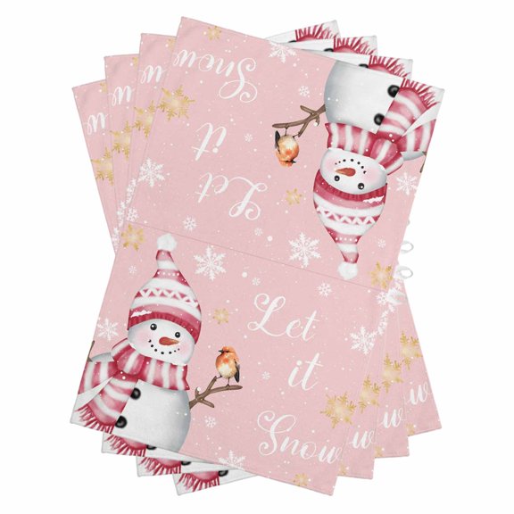 Pink Snowman Christmas Kitchen Towels Set of 4, Water Absorbent Dish Towel, Xmas Snowflake Birds Decorative Hand Towels - Quick Drying Cloth for Cooking Baking, 18x28 Inch