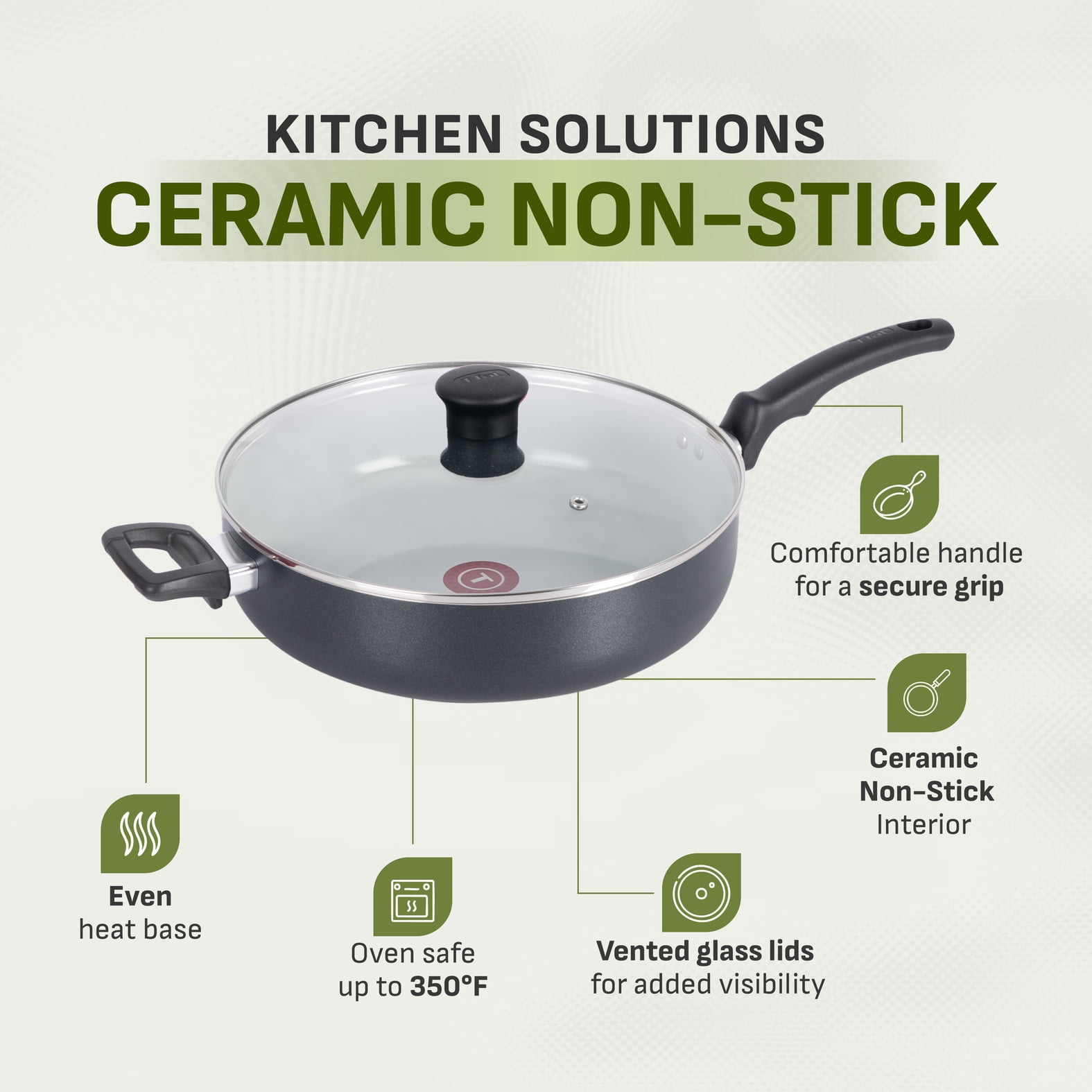 T-Fal Kitchen Solutions Black 5 Quarts Ceramic Non-Stick Jumbo Cooker Sauté Pan with Lid & Helper Handle