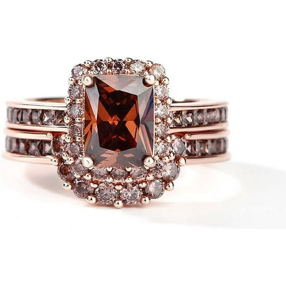 Divine Creation 3.00 Ct Emerald Cut Brown Diamond Engagement Wedding Thanksgiving Christmas Bridal Ring Set 14K Rose Gold Plated 925 Sterling Silver For Women's -4