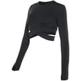 thumbnail image 5 of Hauts Courts à Col Rond pour Femmes, Croisé sur le Ventre, Manches Longues Ou Courtes, Chemise de Sport pour Yoga, Entraînement Physique, Course, Manches Longues, Noir S, 5 of 5