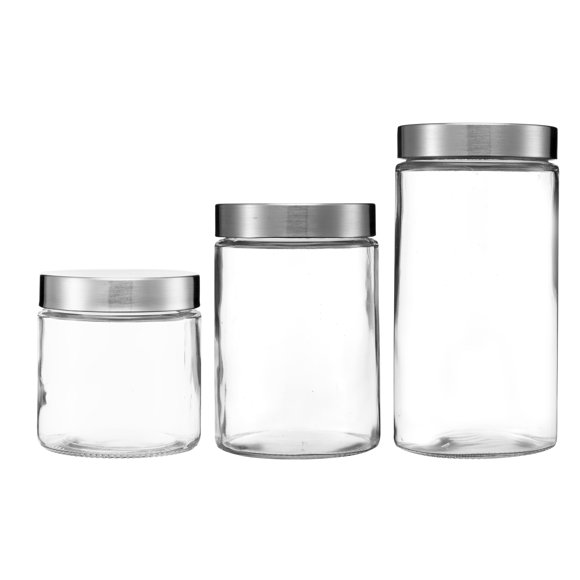 Glass Storage Canister Set of 3 Clear Glass Jars with Stainless Steel Screw-on Lids