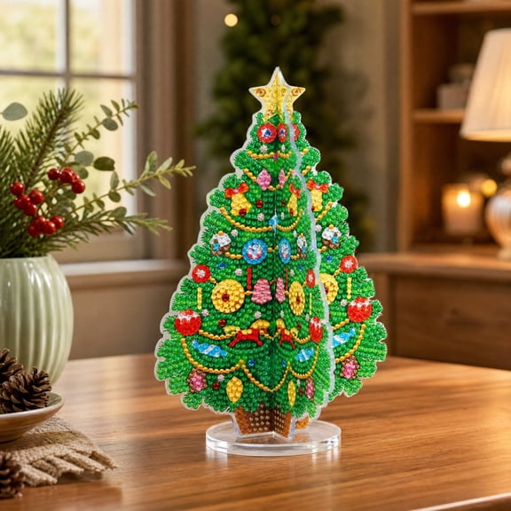 Fmbmuo 7.87‑Inch Christmas Tree Diamond Art Standee Kit, DIY Crystal Tabletop Decor with Wooden Base, Sparkling Holiday Craft for Home Desktop Display