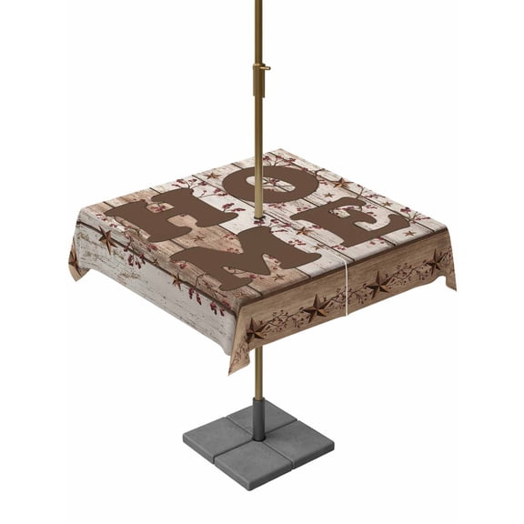 Outdoor Tablecloth with Umbrella Hole for Patio/Picnic/Party/Camping, Vintage Farmhouse Waterproof Table Cloth Square Cover Washable, Retro Home Text Country Star Wooden (60"x 60")