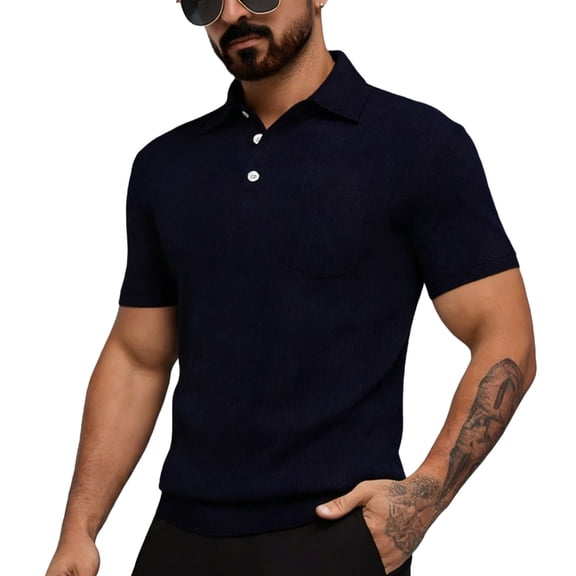Gamivast Mens Shirts Casual Stylish Ribbed Knit Turn Down Collar Slim Fit T-Shirts Button Placket Summer Muscle Shirts Pocket Detail Daily Wear Business Golf