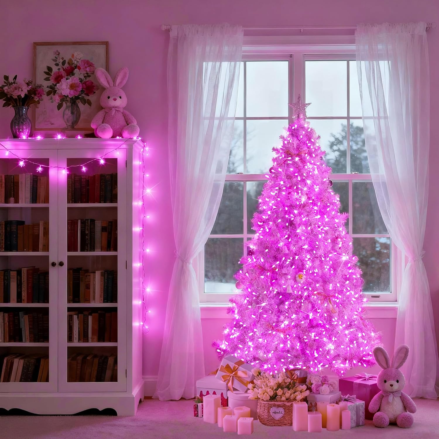 JMEXSUSS Connectable 100 LED Pink Valentine Lights, 33ft 8 Modes Valentine Room Lights Clear Wire, Plug in Pink Christmas String Light Indoor Outdoor for Christmas Bedroom Valentines Party