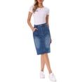 thumbnail image 2 of INSPIRE CHIC Denim Skirt for Women Casual High Waist Back Slit Stretch Knee Length Jean Skirts with Pockets XL Mid Blue, 2 of 6