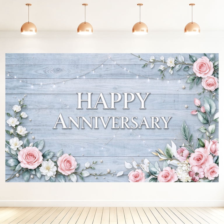Pink Roses With Perlas 5x3FT Blue Wooden Happy Anniversary Backdrop Pink Rose Pearl ...
