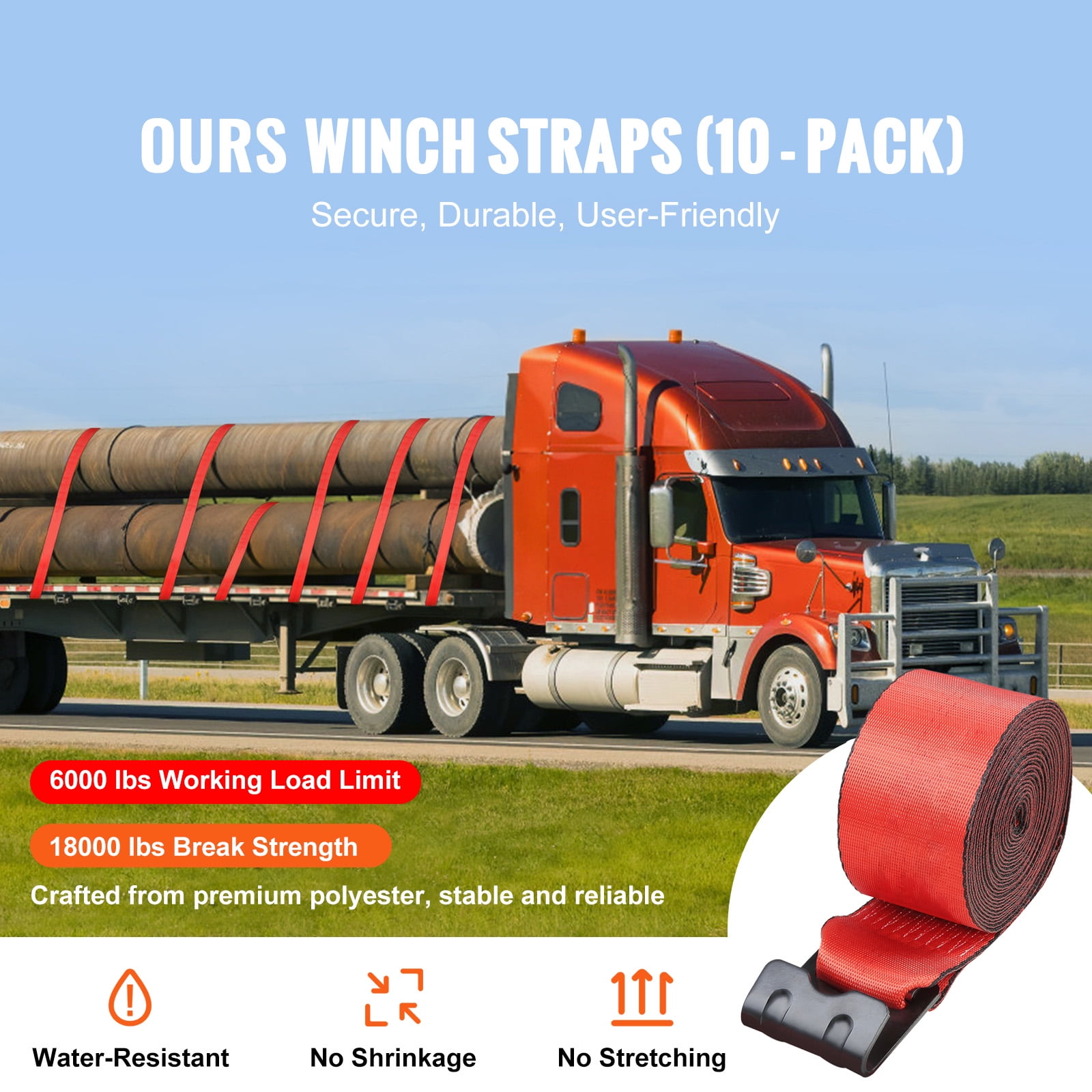 KFFKFF Tie-Down Straps, 4-inch x 30-ft, Load Support 6000 lbs, Max Tension 18000 lbs, Red Flat Hook Straps for Secure Hauling on Trailers, Farms, Emergency Services, Tree Protection, 10 Units