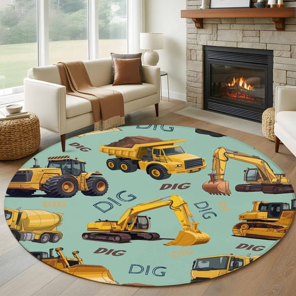 Round Area Rug 6 Ft, Construction Truck Washable Non-Slip Circle Carpet for Living Room/Bedroom, Cartoon Grips and Bulldozers Green Low-Profile Indoor Mats Collection Rugs for Residential