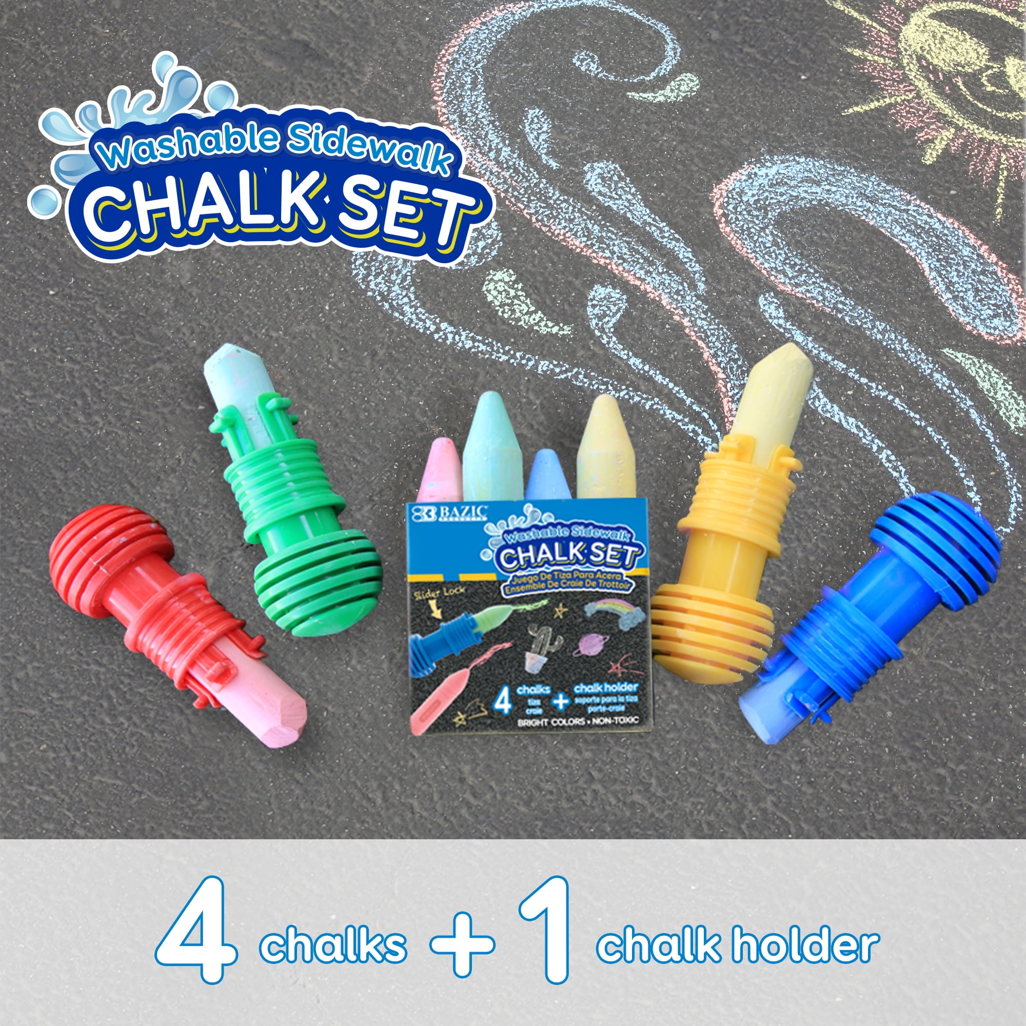 BAZIC Jumbo Sidewalk Chalks & Chalk Holders, 4 Colors Chalks with 1 Plastic Holder, Outdoor Fun Activity Art Coloring, 4-Packs