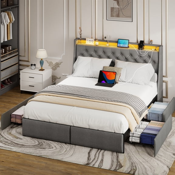 Anyhave Full Size Bed Frame with 4 Storage Drawers, LED Lights, Charging Station, Upholstered Headboard, Steel Support, No Box Spring, Gray