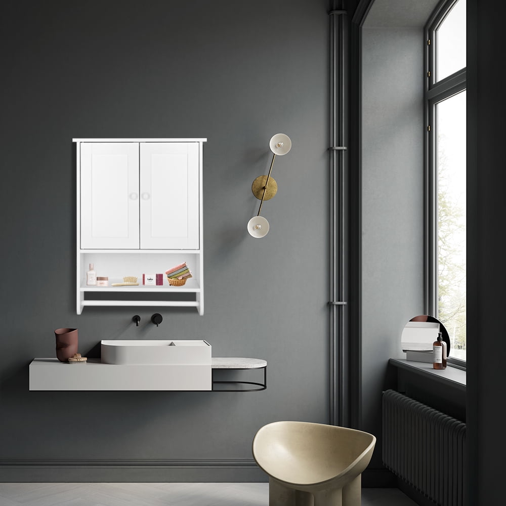 Ktaxon Bathroom Wall Cabinet, Wall Mounted Over the Toilet Storage Cabinet Organizer with Double Doors, 1 Adjustable Shelf, 1 Towel Bar, White