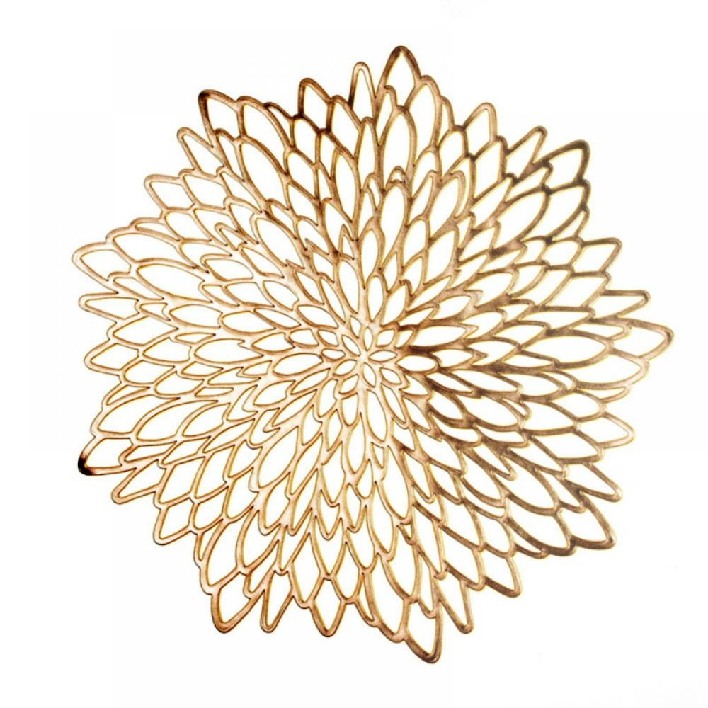 Table Mat Hollow Floral Hibiscus Table PVC Waterproof Table Placemat Nonslip Rose Gold for Kitchen 6PCS