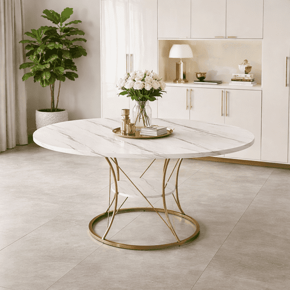 Ciphrias Extendable Round Dining Table 43-59 Inch, Marble Veneer Top with Storage Shelf Gold Metal Frame for Dining Room Kitchen