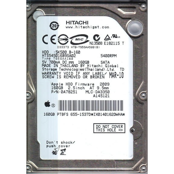 HTS545016B9SA02, PN 0A78251, MLC DA3350, Hitachi 160GB SATA 2.5 Hard Drive
